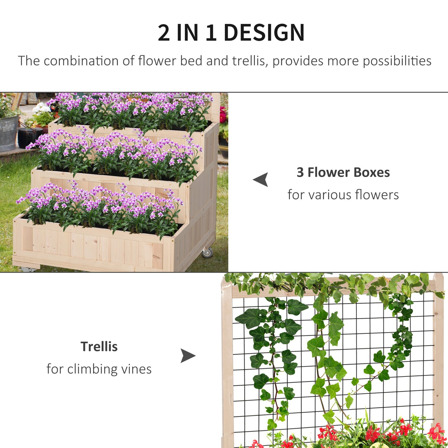 3-Tiers Raised Garden Bed with Trellis, 53" H Vertical Planter Box with Wheels & Back Storage Area