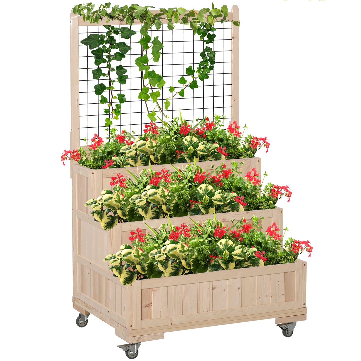 3-Tiers Raised Garden Bed with Trellis, 53" H Vertical Planter Box with Wheels & Back Storage Area