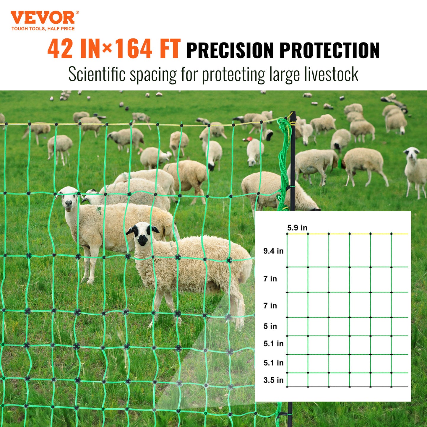 VEVOR Electric Fence Netting, 42 H X 164L, PE Net Fencing With Posts & Double-Spiked Stakes, Utility Portable Mesh For Goats, Sheep, Lambs, Hogs