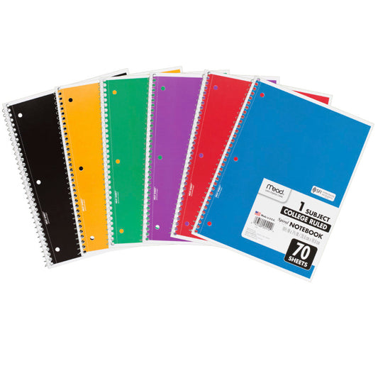 NOTEBOOK SPIRAL SINGLE 70 SHT CT COLLEGE RULED ASSORTED COLORS