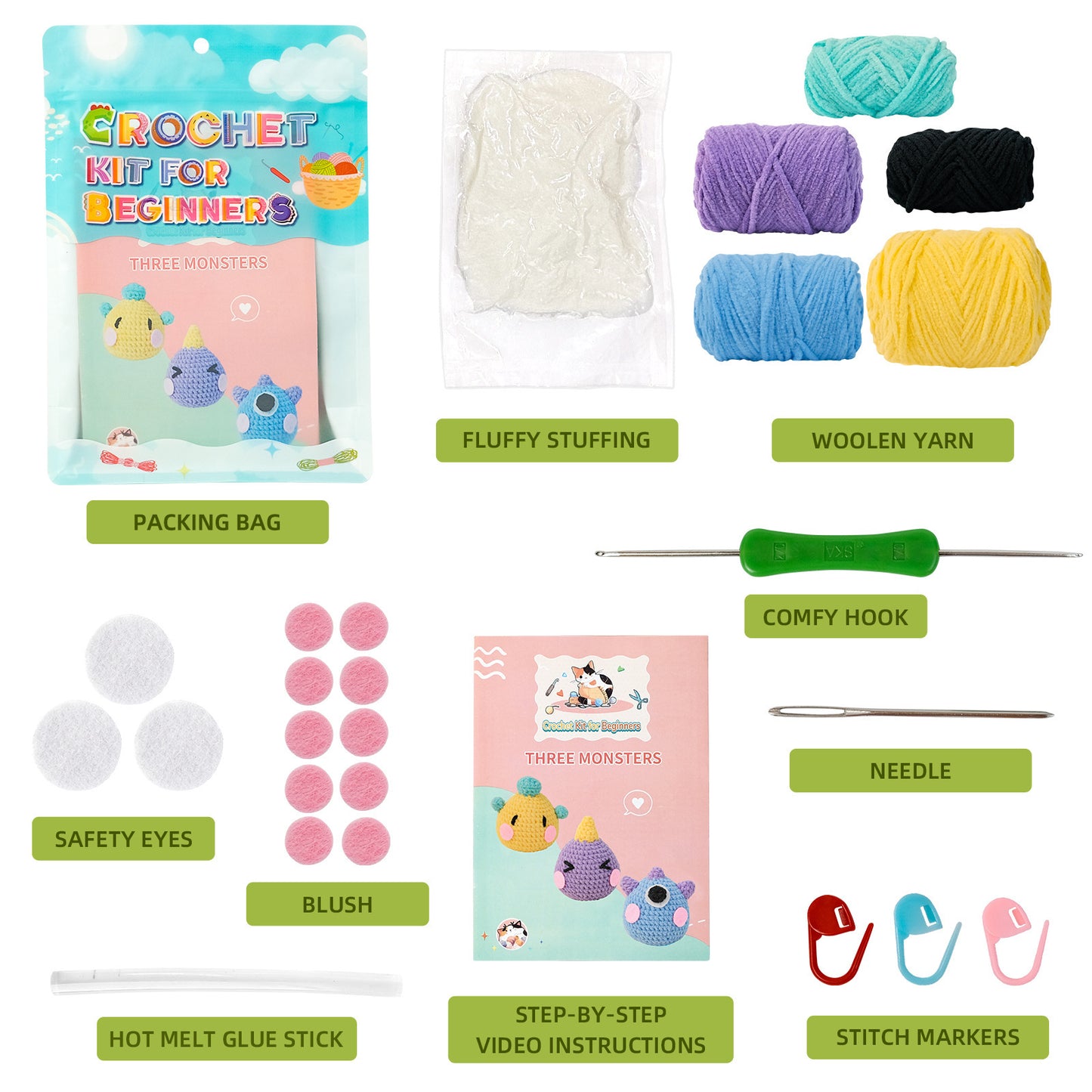 Three Monster Doll Crochet Woven Material Kit