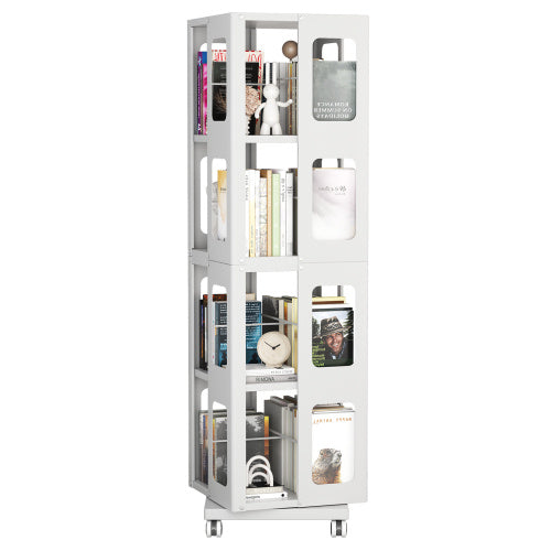 4-Tier All-Steel Rotating Bookshelf With 360  Wheels, Large Size Sturdy   Spacious Book Rack, New Style White Bookshelf,Easy Assembly