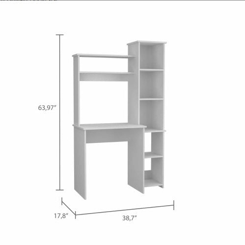 White 6-Shelf Writing Desk With Built-in Bookcase